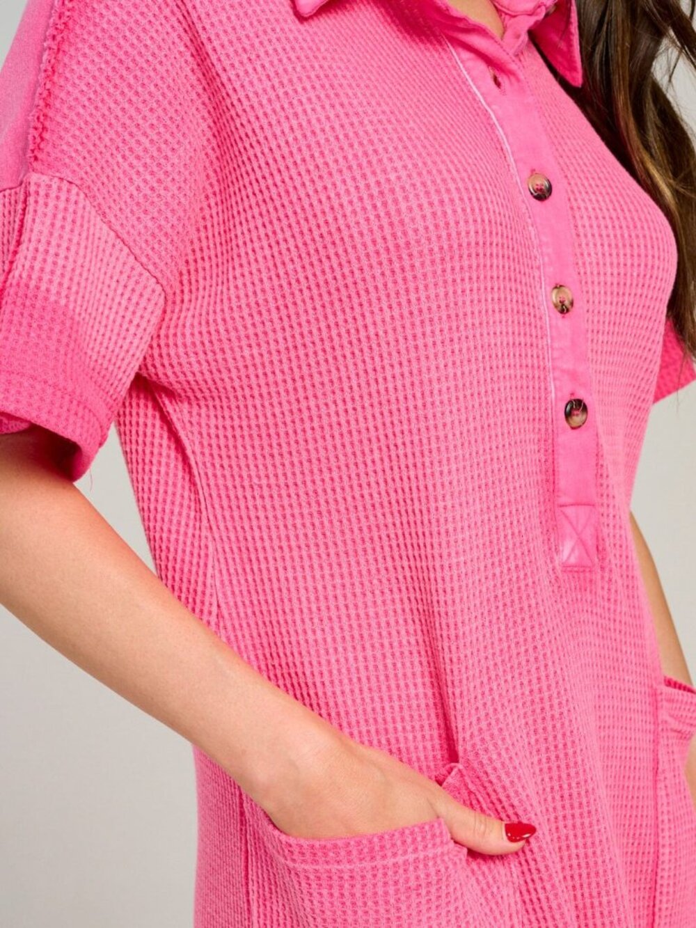 BIBI Dress XL Pink Washed Fuchsia Waffle Knit Polo Patch Pocket Y2K Minimalist - Picture 2 of 8